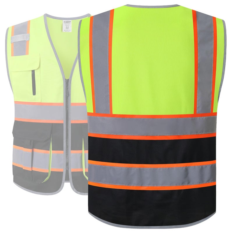 JKSafety سترة أمان عالية الوضوح بجيب 7 مع سحاب أمامي من JKSafety مع شرائط عاكسة. تفي بمعايير ANSI/ISEA (130-أصفر-أسود M) - Image 2